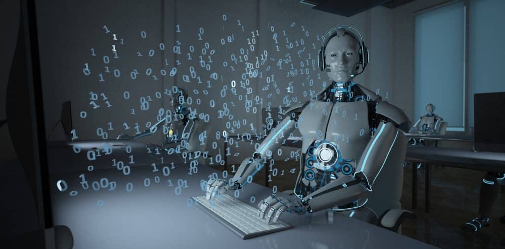 Humanoid robot in a call center. 3d illustration.