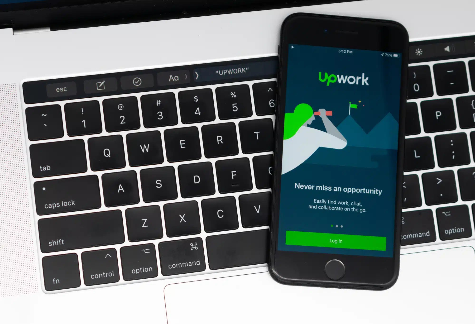 Upwork for Freelancers mobile app login page on a smartphone. Upwork is a freelancing platform where businesses and independent professionals collaborate remotely - San Jose, CA, USA - 2020