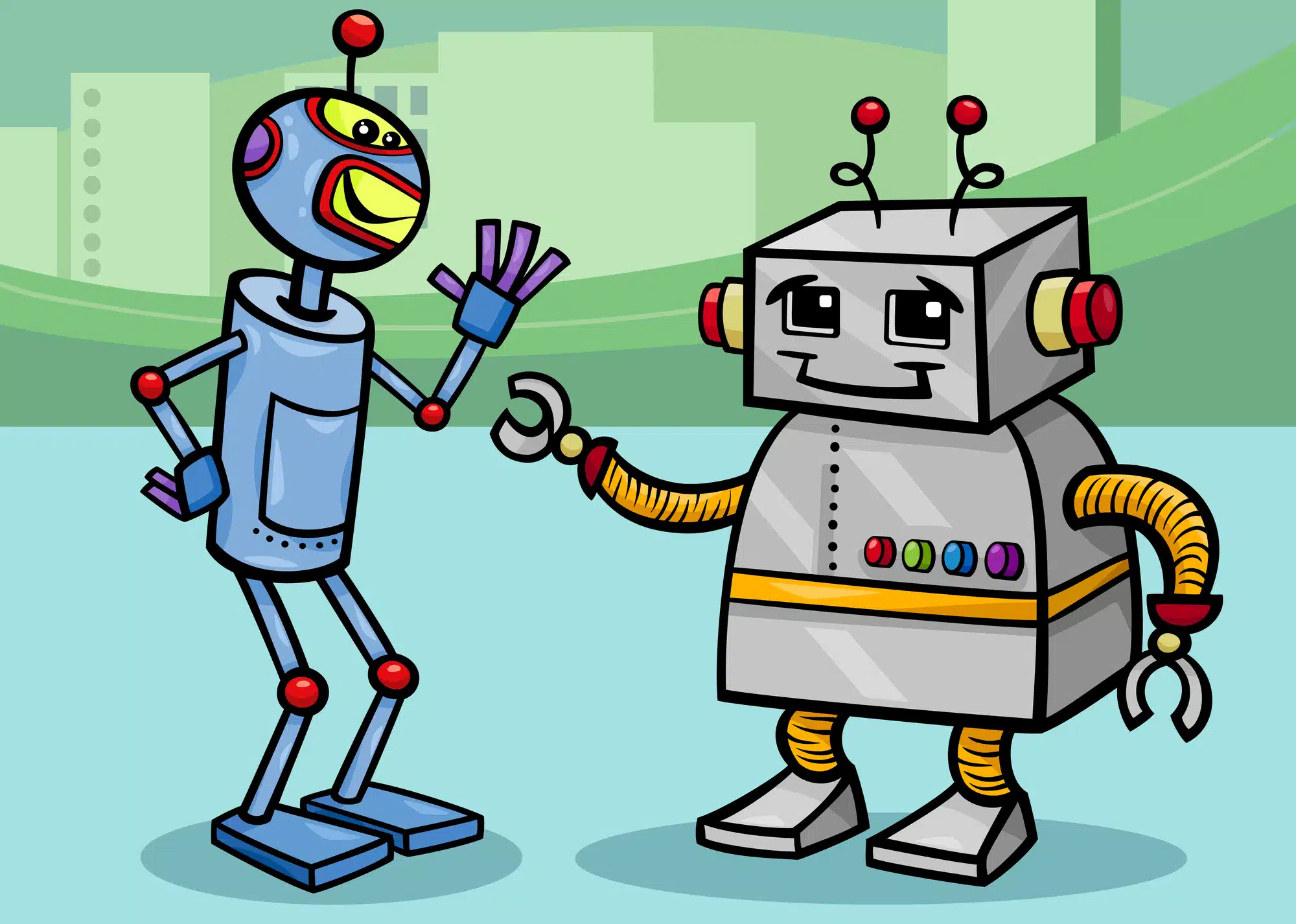 Cartoon Illustration of Talking Robots in the Futuristic City