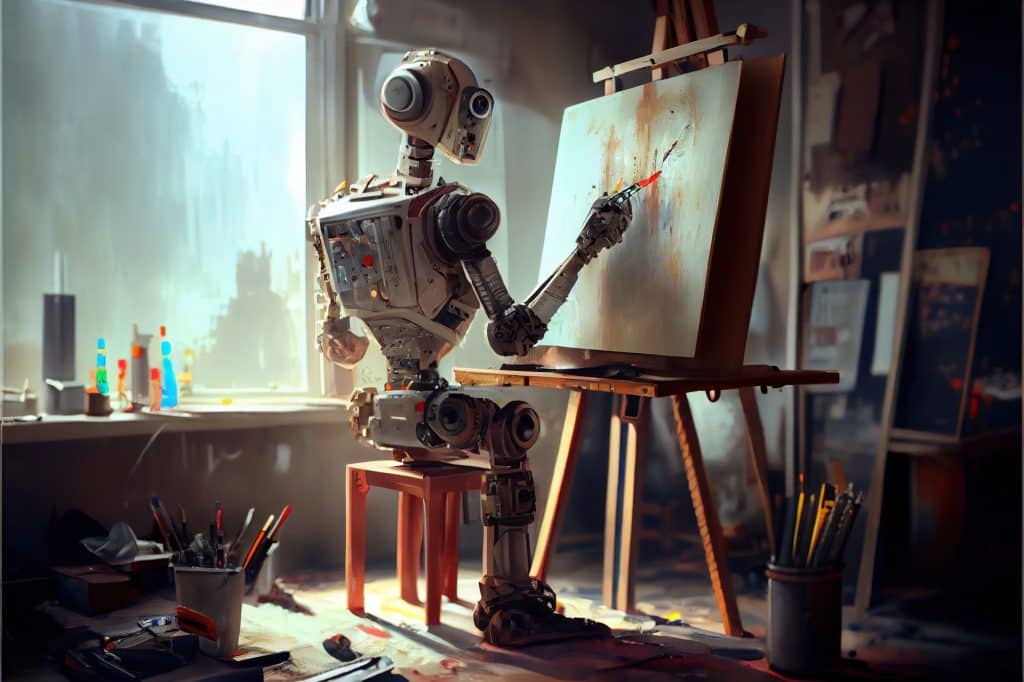 Generative AI illustration of Cyborg Ai robot artist in dark studio next to his easel, painting and paints while working, neural network generated art. Digitally painting, generated image.