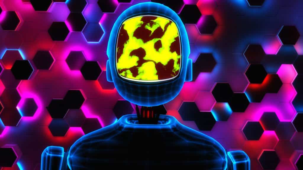 a chatbot in neon colors (3d rendering)