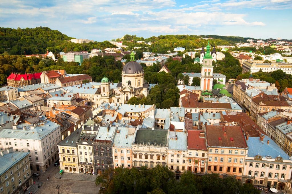 Top view (the Cathedral) from of the city hall in Lviv, Ukraine.