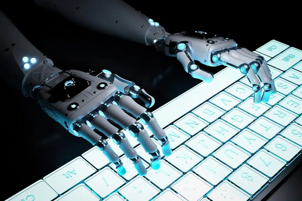 3d rendering robot hand working with computer keyboard