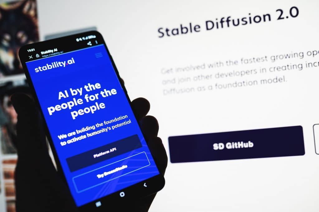 Stability AI web page on phone screen. Stable Diffusion is a deep learning, a text-to-image generative Artificial Intelligence model. Swansea, UK - March 30, 2023.