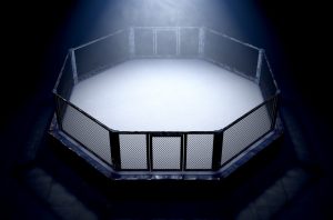 A 3D render of an MMA fight cage arena dressed in black padding spotlit by a single light on an isolated dark background - 3D render