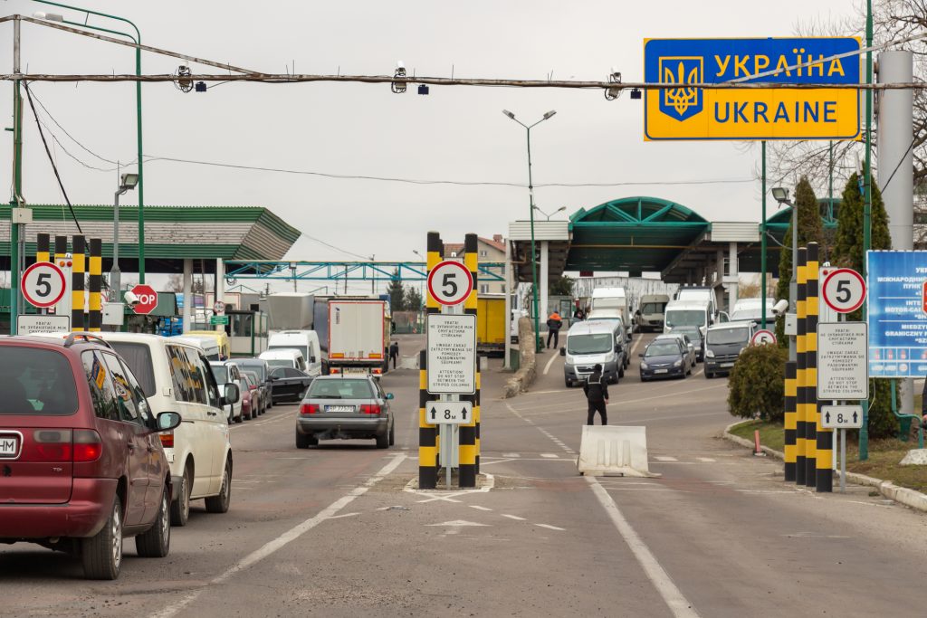 SHEGINI, UKRAINE - March, 2019: Traffic jam at the Shegini-Medyka checkpoint at the Ukrainian-Polish border, vehicles waiting for border and customs formalities