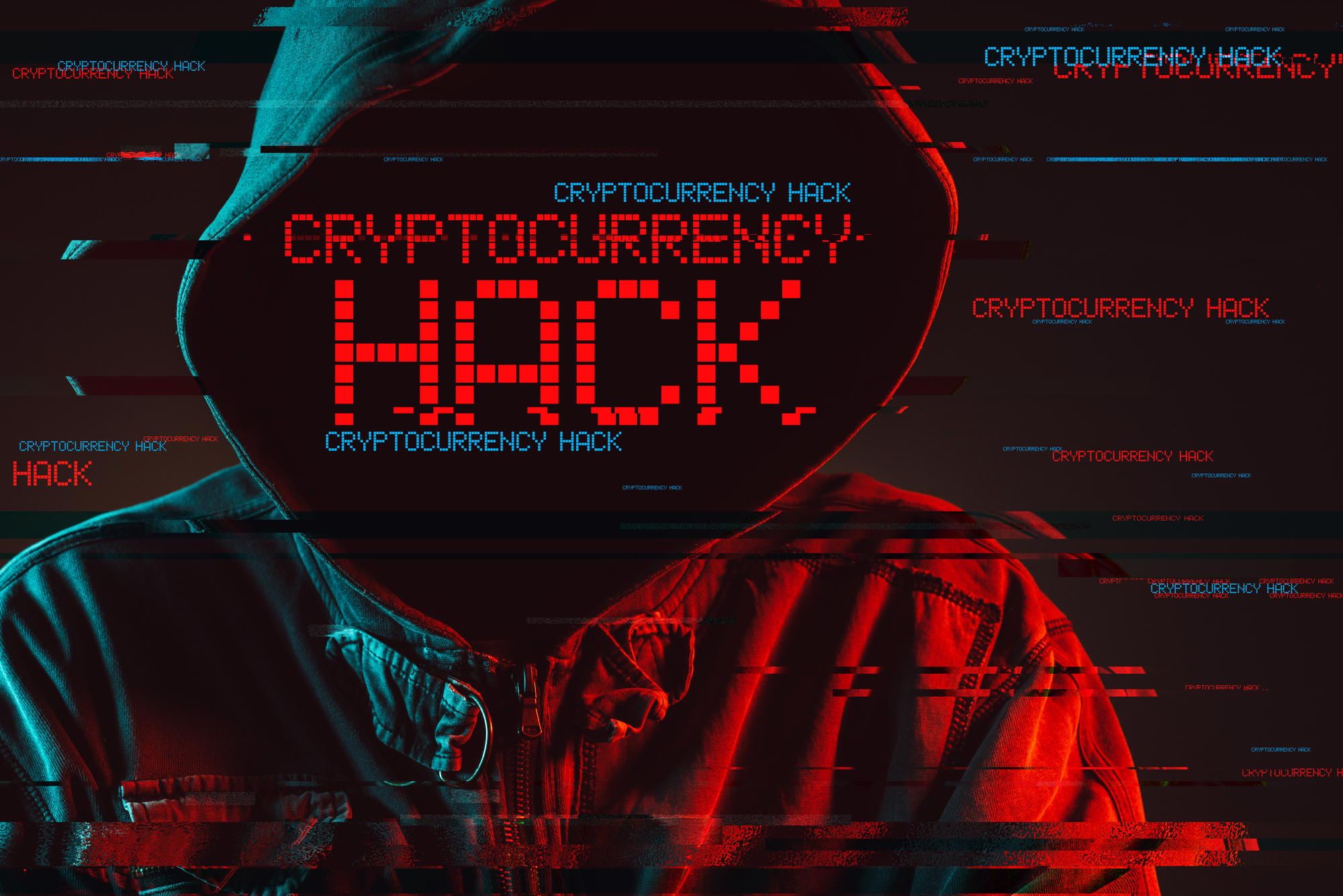 Cryptocurrency hack concept with faceless hooded male person, low key red and blue lit image and digital glitch effect