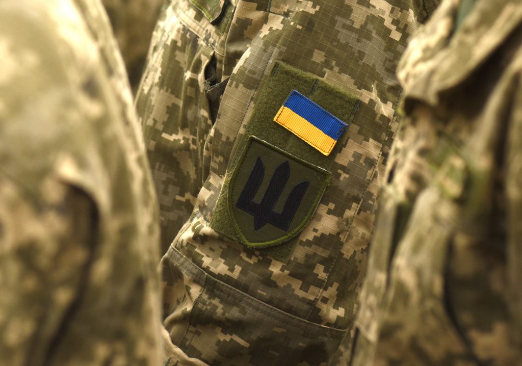 Ukraine patch flag on army uniform. Ukraine military uniform. Ukrainian troops