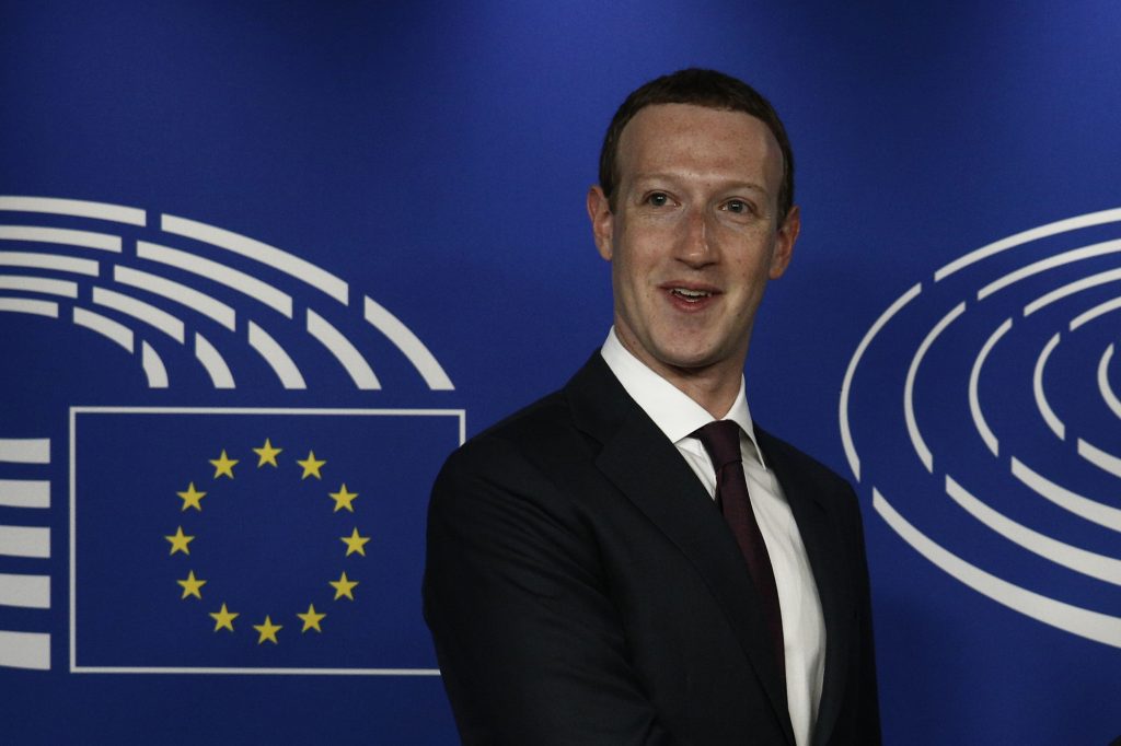 Brussels, Belgium. May 22th, 2018. Facebook's CEO Mark Zuckerberg shakes hands with European Parliament President Antonio Tajani at the European Parliament.