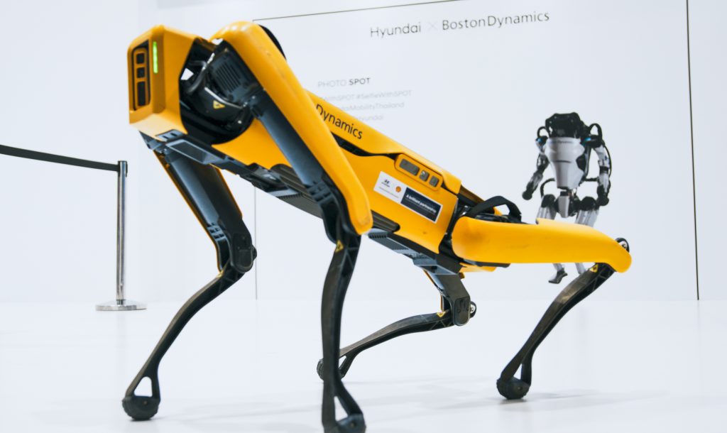 Bangkok, Thailand - Mar 28, 2023: Presentation of Spot, four-legged robot by Hyundai Boston Dynamics in Motor Show exhibition event. Advanced futuristic technology, robotic tech industry expo concept
