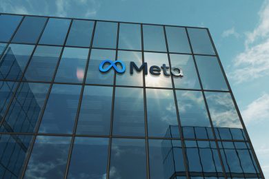 Menlo Park, USA, May 5, 2023: Meta corporation headquarters glass building concept. Metaverse facebook virtual reality network company symbol on front facade 3d illustration.