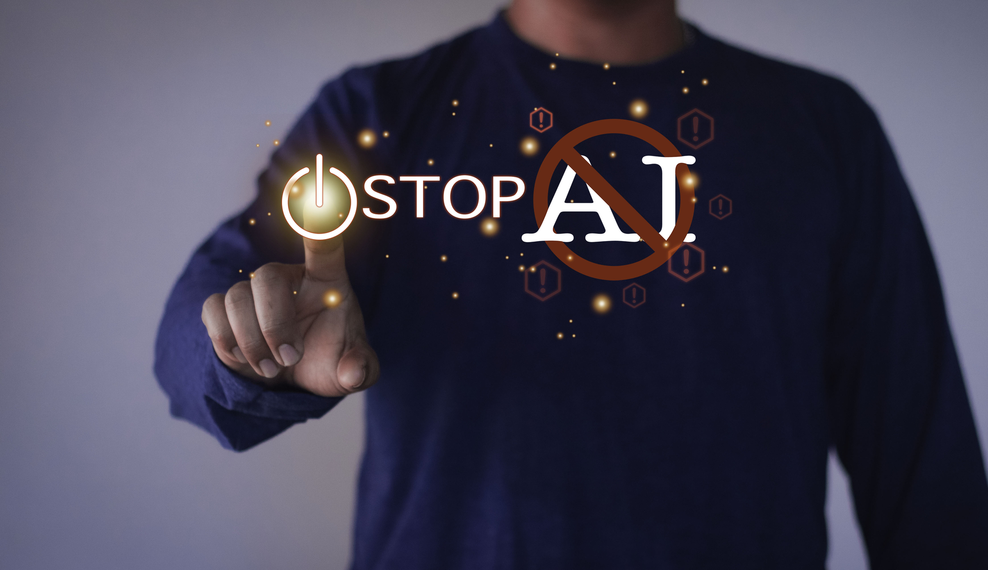 No Ai, Man showing No AI symbol. Demand to stop the development of artificial intelligence. Banning Artificial Intelligence. Stop developing AI