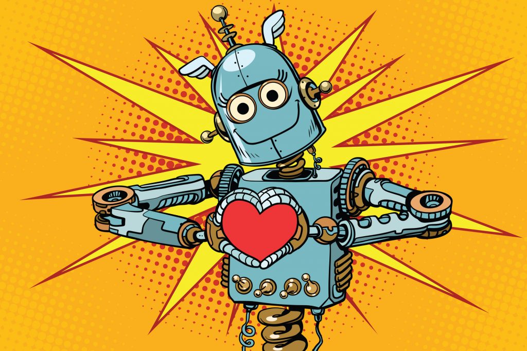 Robot lover with a red heart, symbol of love. Pop art retro vector illustration