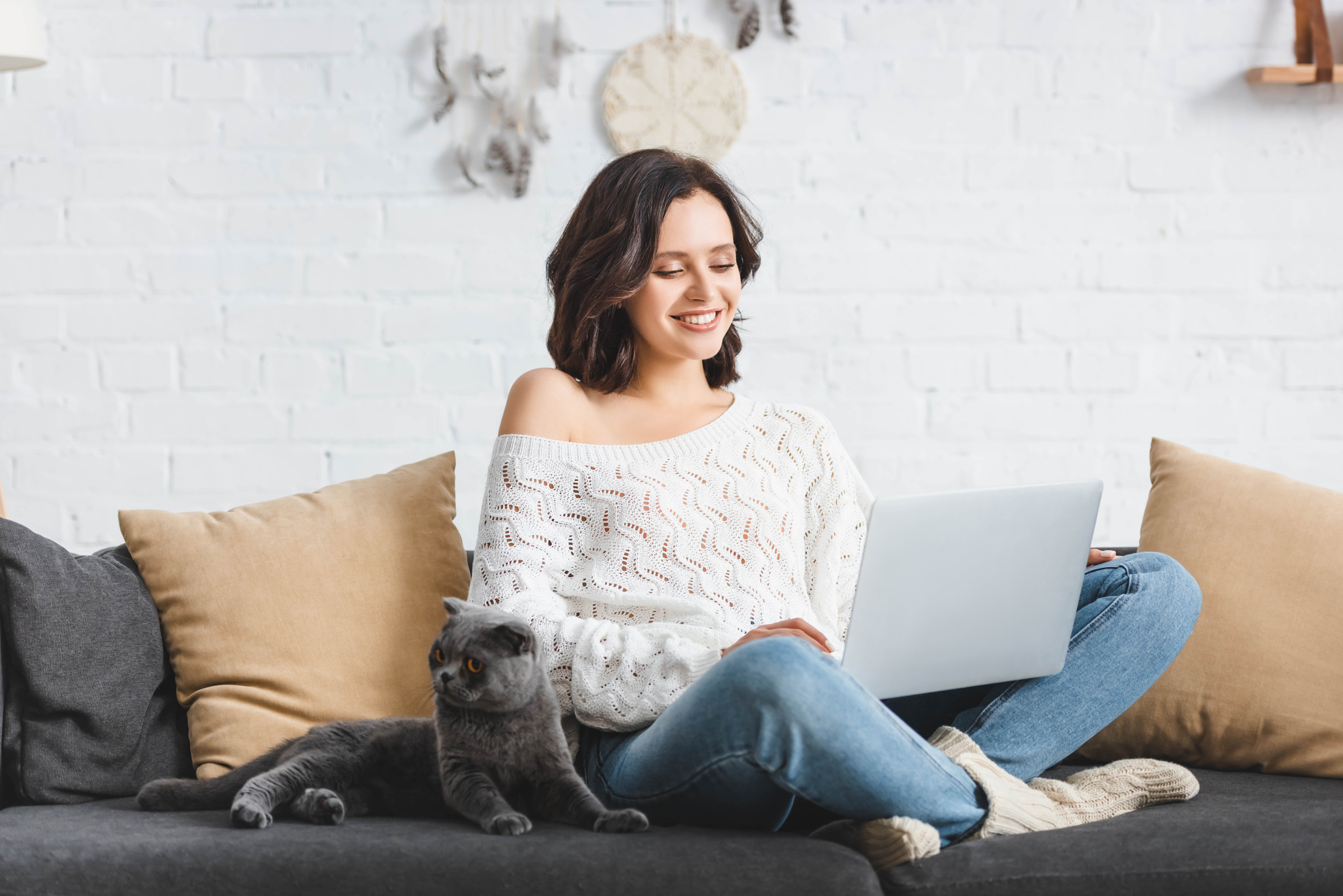 дівчина з каре сидить на дивані і працює за ноутбуком з сірим котом