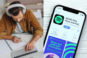 Чоловік проходить онлайн-навчання, Spotify, колаж