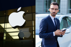 Офіс компанії Apple, чоловік зі смартфоном, колаж