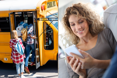 Шкільний автобус, жінка зі смартфоном