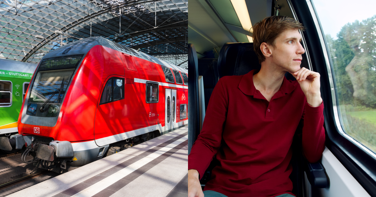 червоний потяг і хлопець у червоній кофті задумливо дивиться у вікно поїзда