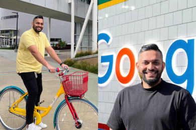 чоловік на велосипеді в жовтій футболці, чоловік на фоні логотипу google