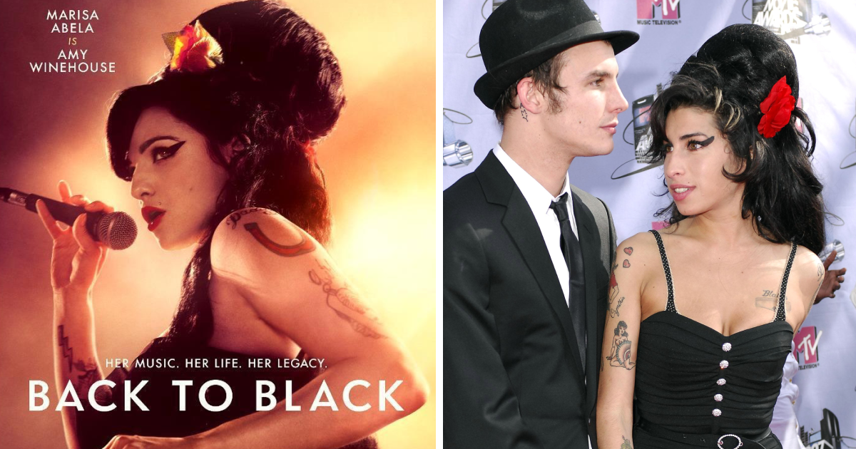 Постер до фільму Back to Black (1 фото) та справжнє фото Емі Вайнхаус та Блейка Філдер-Сівіла