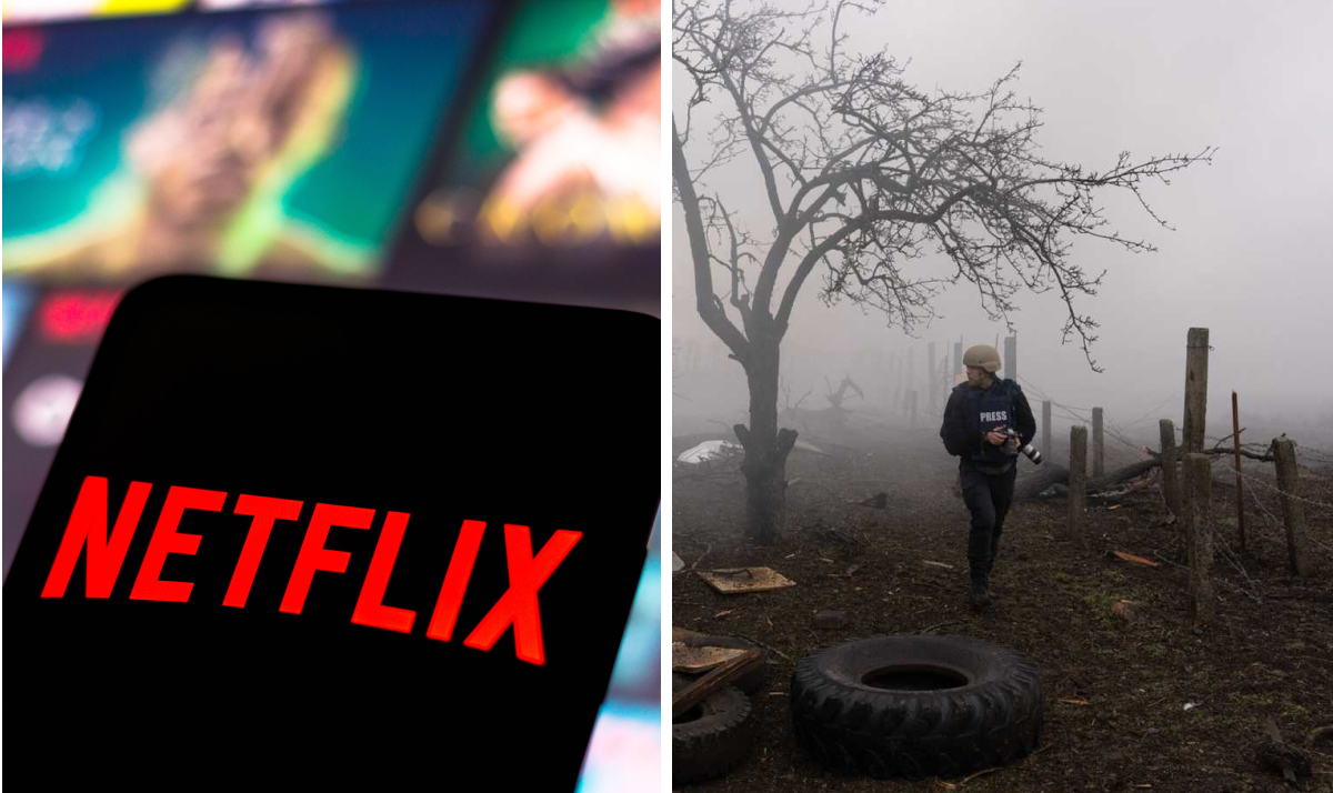 netflix і кадр фільму 20 днів у маріуполі. чоловік іде серед туману