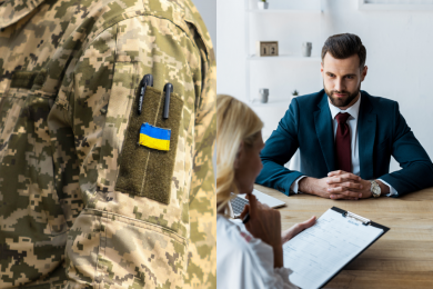 Український військовий, чоловік на співбесіді, колаж