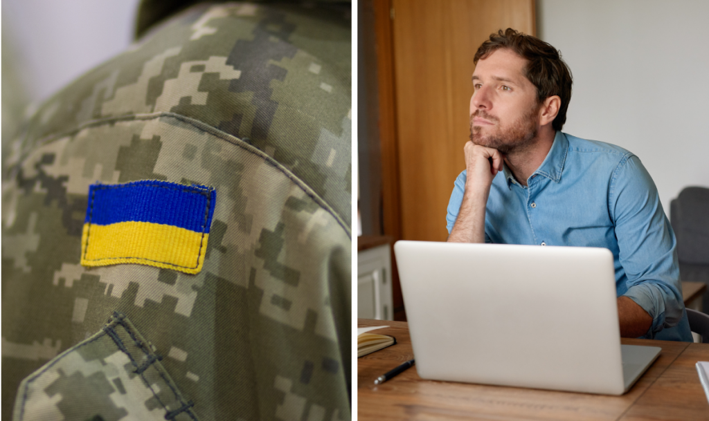 український військовий з прапором. чоловік у синій сорочці