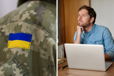 український військовий з прапором. чоловік у синій сорочці