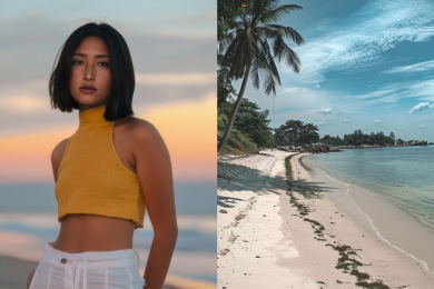 згенеровані фото дівчини азіатки в жовтому топі й пляж з пальмами