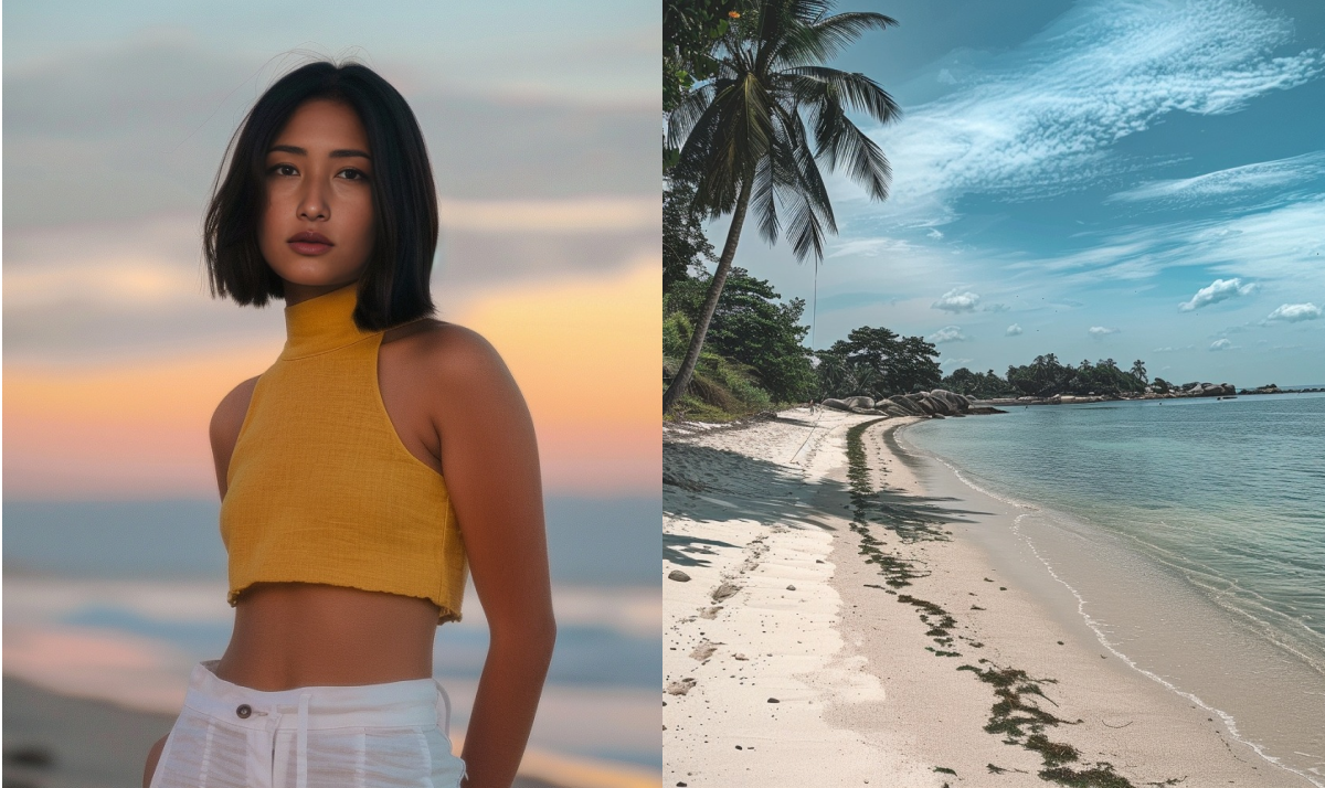 згенеровані фото дівчини азіатки в жовтому топі й пляж з пальмами