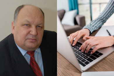 Директор Інституту української мови НАН України Павло Гриценко, жінка працює за ноутбуком, колаж