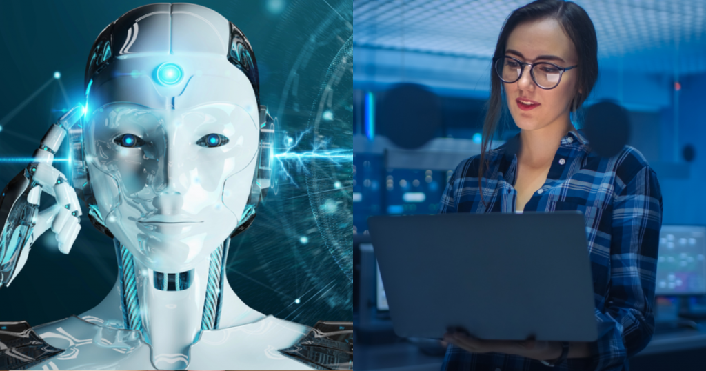 Робот-андроїд, жінка-розробниця, колаж