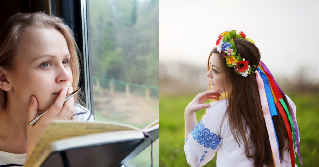 Жінка замислилась над нотатником, жінка в українському національному вбранні, колаж