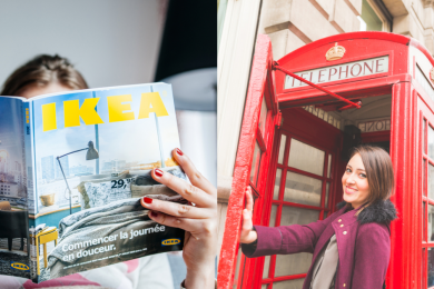 Жінка гортає каталог IKEA, телефонна будка в Лондоні, колаж