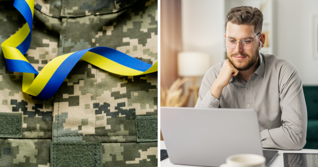 військова форма зі стрічкою в кольорах українського прапора, чоловік з бородою сидить за ноутбуком