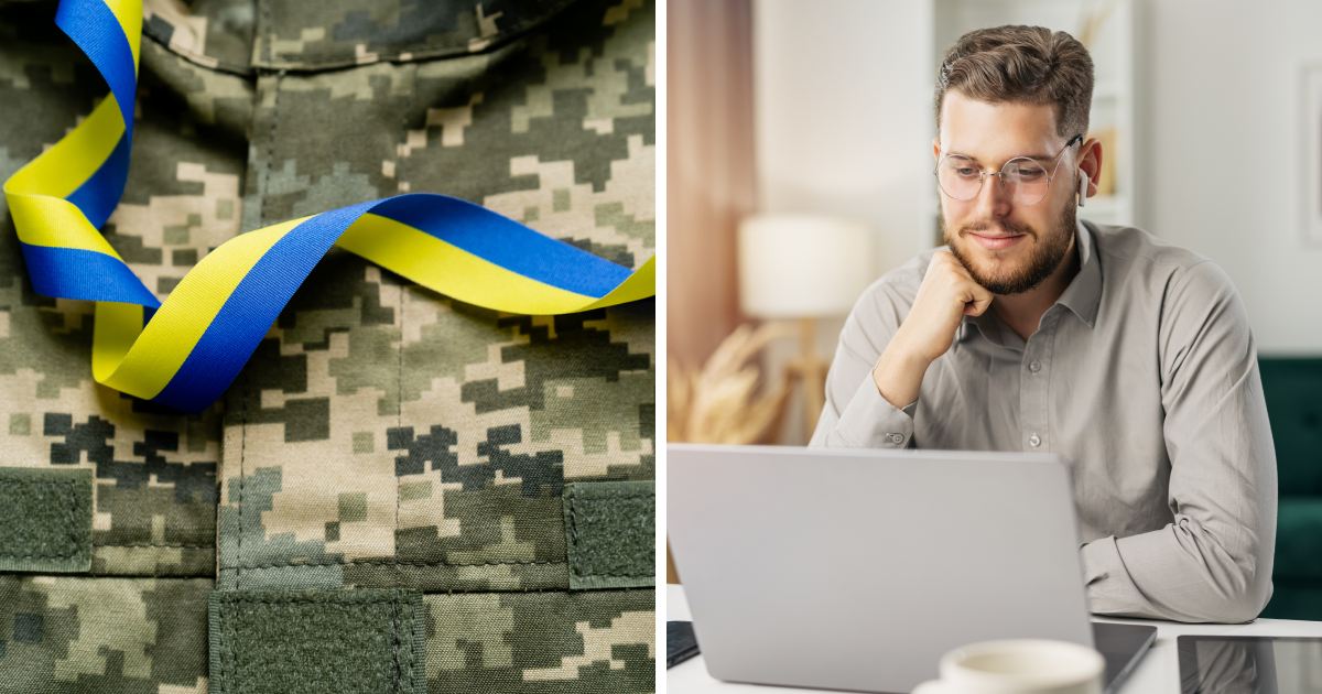 військова форма зі стрічкою в кольорах українського прапора, чоловік з бородою сидить за ноутбуком