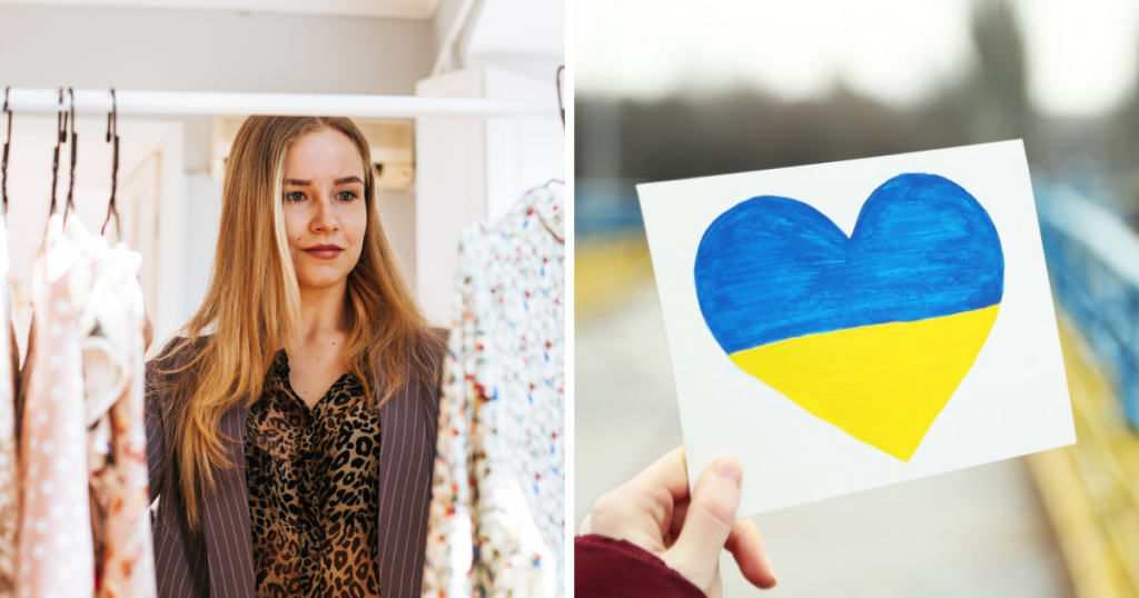 дівчина вибирає одяг, серце в кольорах українського прапора