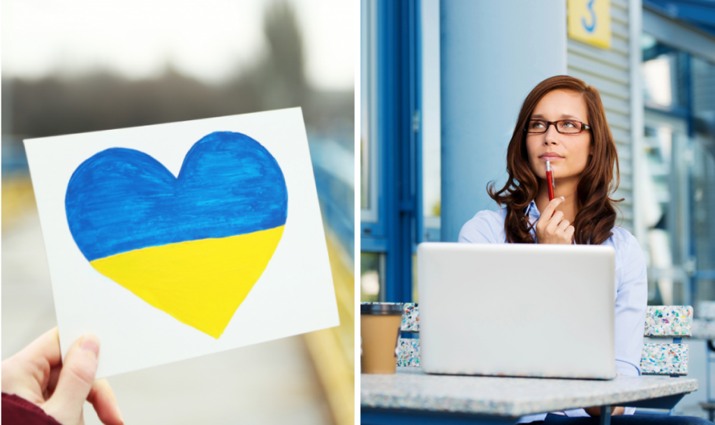 серце в кольорах українського прапора, жінка задумалась