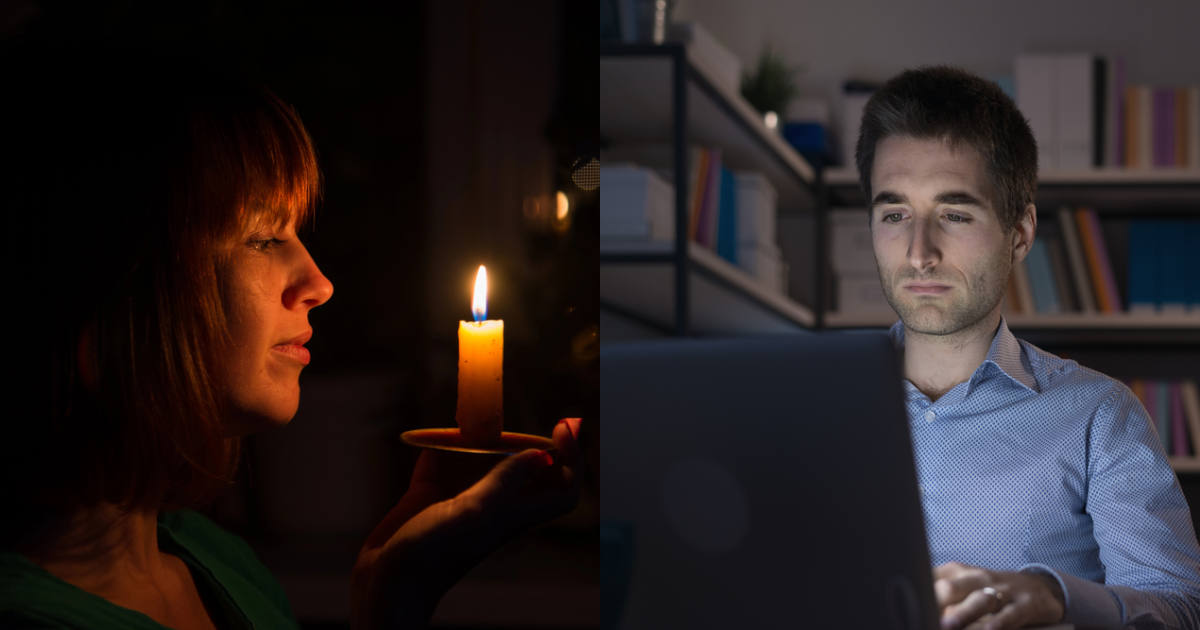 Жінка зі свічкою, чоловік в темряві працює за ноутбуком, колаж