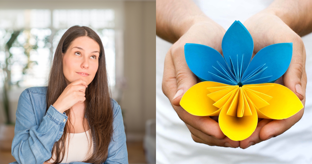 Жінка розмірковує, синьо-жовта квітка, колаж