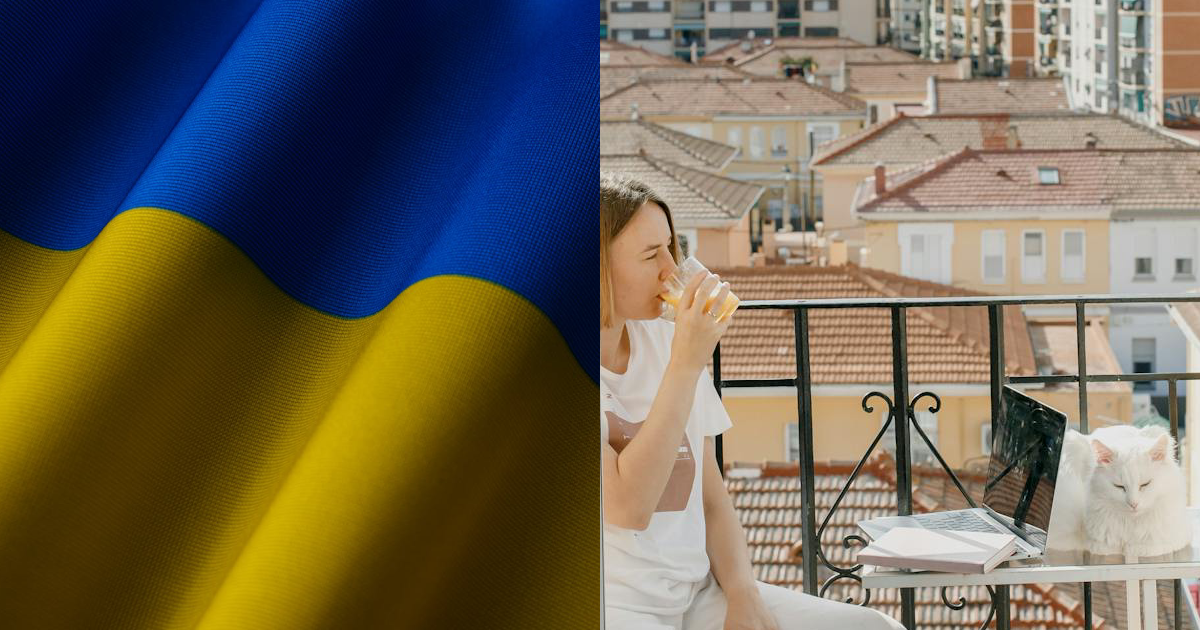Прапор України, мешканка багатоповерхівки на балконі, колаж