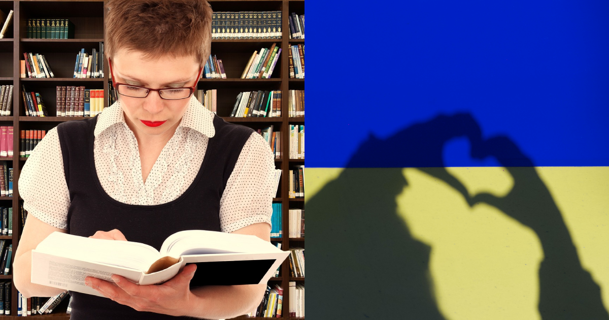 Жінка зі словником, тіні на тлі прапора України, колаж