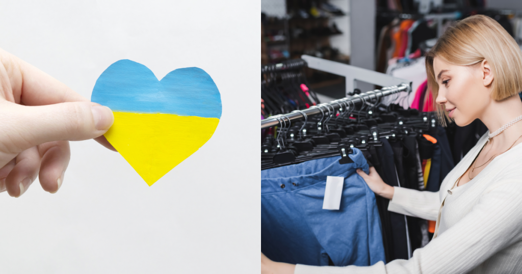 серце в кольорах прапора України. білявка з каре вибирає речі в секонд хенді