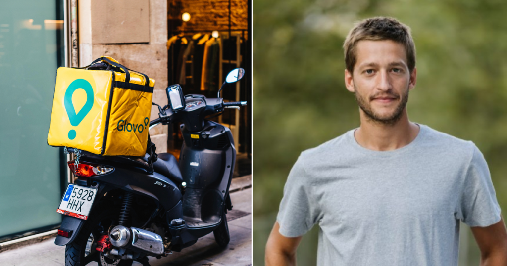 glovo рюкзак. чоловік у сірій футболці оскар пʼєр