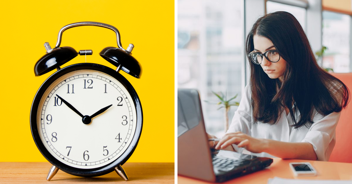 годинник на жовтому фоні, дівчина працює за ноутбуком