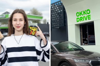 дівчина з булкою і кавою біля заправки окко, машина біля окко
