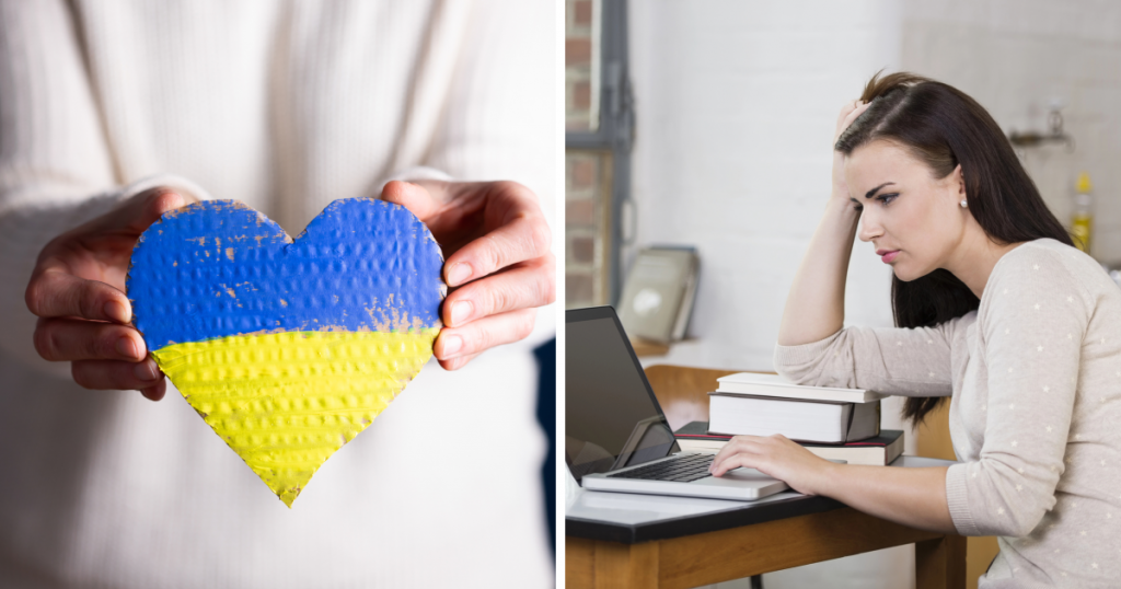 серце в українських кольорах. дівчина працює