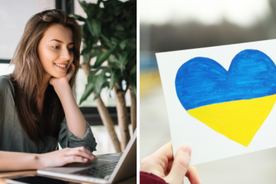дівчина за ноутбуком, серце блакитне й жовте. кольори прапора України