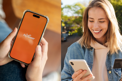 Payoneer, жінка з карткою і смартфоном, колаж