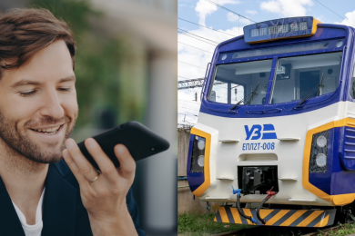 Чоловік користується голосовим асистентом, поїзд «Укрзалізниці», колаж